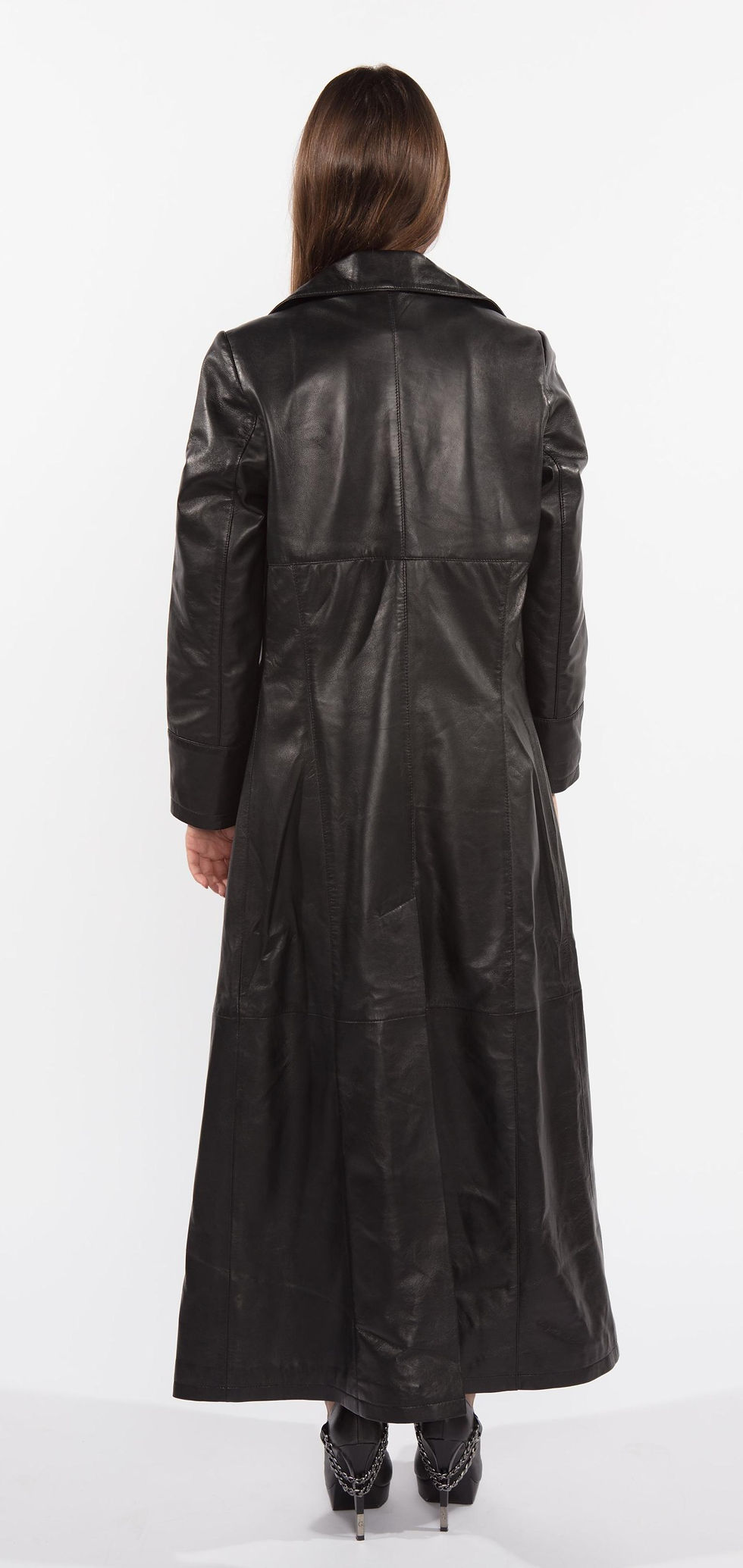 Thumbnail: Ladies 3 Button Matrix Black Full Length Leather Coat