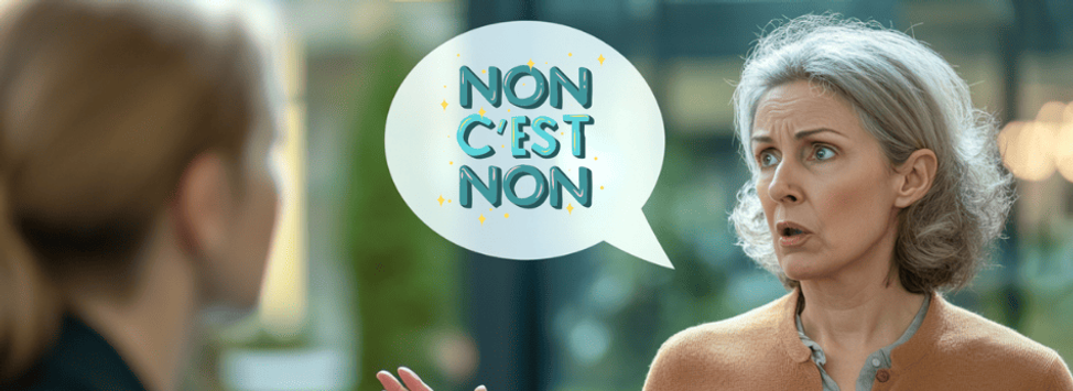Femme exprimant un refus dans une conversation, illustrant le fait de dire non sans culpabiliser.