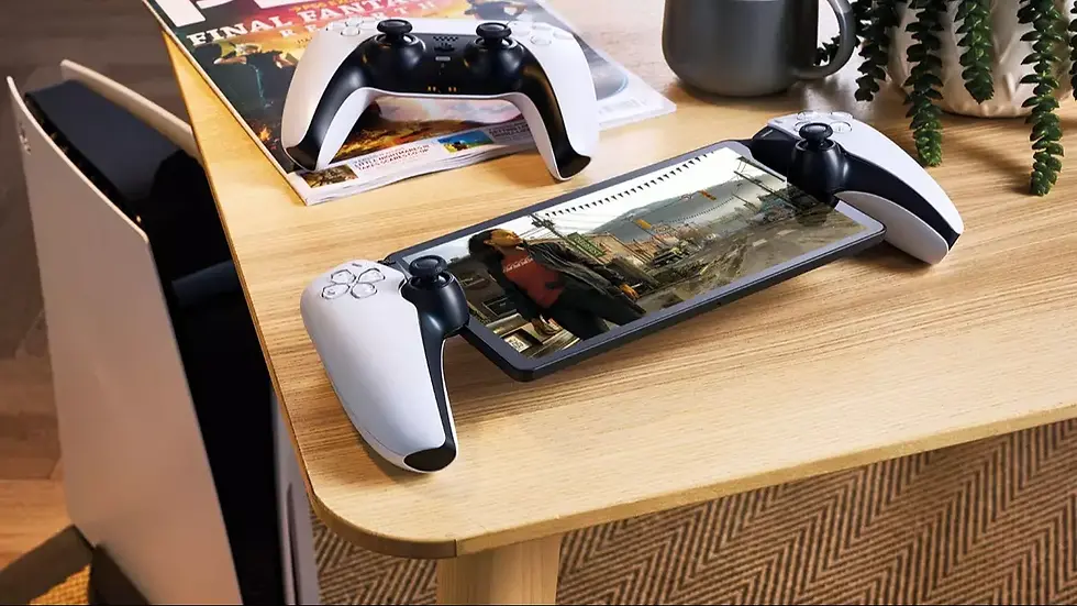 The PlayStation Portal next to a Dual Sense 5 Controller and PlayStation slim console on a coffee table