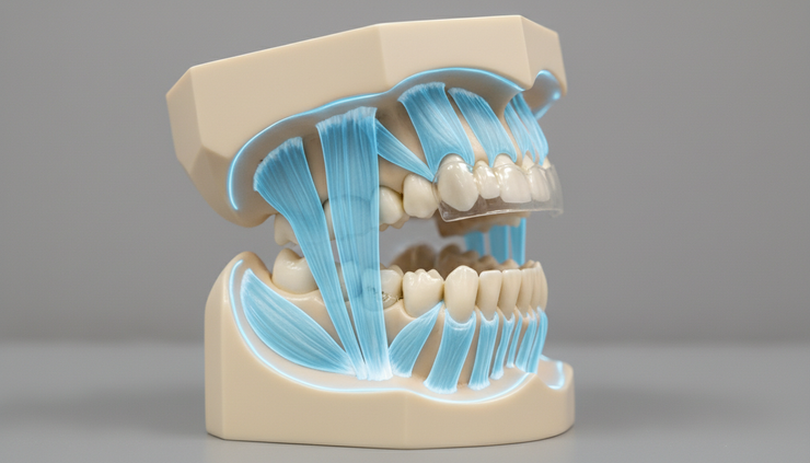 Side view of a mandible model with a thin occlusal splint and highlighted temporalis and masseter muscle pathways