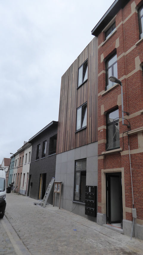 Straatbeeld met een modern gerenoveerd gebouw met houten gevelbekleding naast een traditioneel bakstenen huis