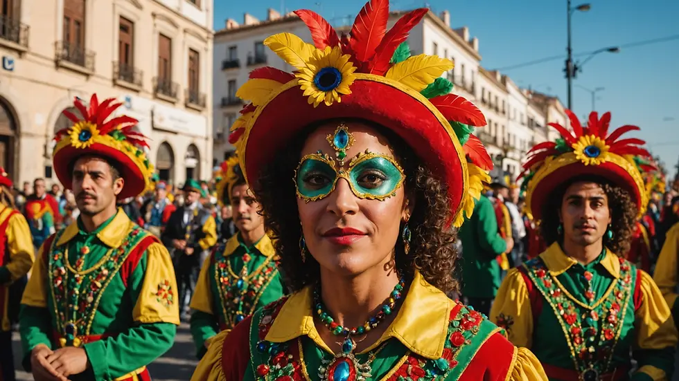 Eye-level view of a vibrant parade during Carnaval de Badajoz