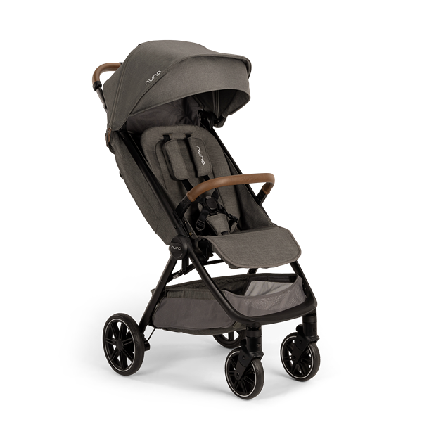 Gray stroller with brown handles, brand name visible on canopy. Four black wheels, sleek design, isolated on a white background.