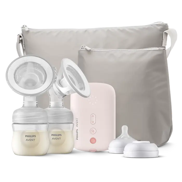 Breast pump kit with two clear bottles, a pink control unit, and a gray bag. "Philips Avent" text visible. Calm, organized setting.