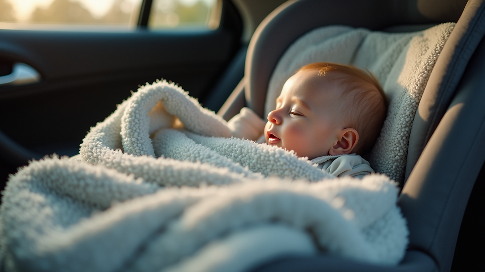Close-up view of a baby’s car seat with a thin fleece layer and a blanket on top