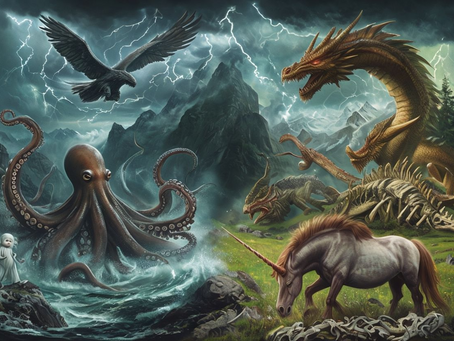 A stunning, highly detailed fantasy illustration featuring multiple legendary creatures in their natural environments, each inspired by real-world animals. In a stormy ocean, a colossal Kraken with long, twisting tentacles rises from the depths, resembling a giant squid. Nearby, a massive, feathered Thunderbird soars through a turbulent sky, lightning crackling around its wings. A majestic, serpentine Chinese dragon weaves through misty mountains, while a fierce, fire-breathing European dragon guards a pile of ancient bones resembling dinosaur fossils. A ghostly, pale changeling child stands near an eerie forest, gazing into the distance with an unsettling yet innocent expression. In a lush green meadow, a proud unicorn, resembling a prehistoric Elasmotherium, grazes, its thick fur and massive horn reminiscent of an ancient rhinoceros. The scene is filled with rich textures, atmospheric lighting, and a sense of mystery, blending mythology with the traces of reality that inspired it.