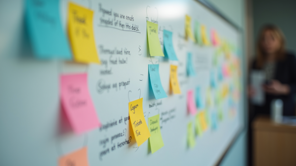 Close-up view of a project management board with sticky notes and task assignments