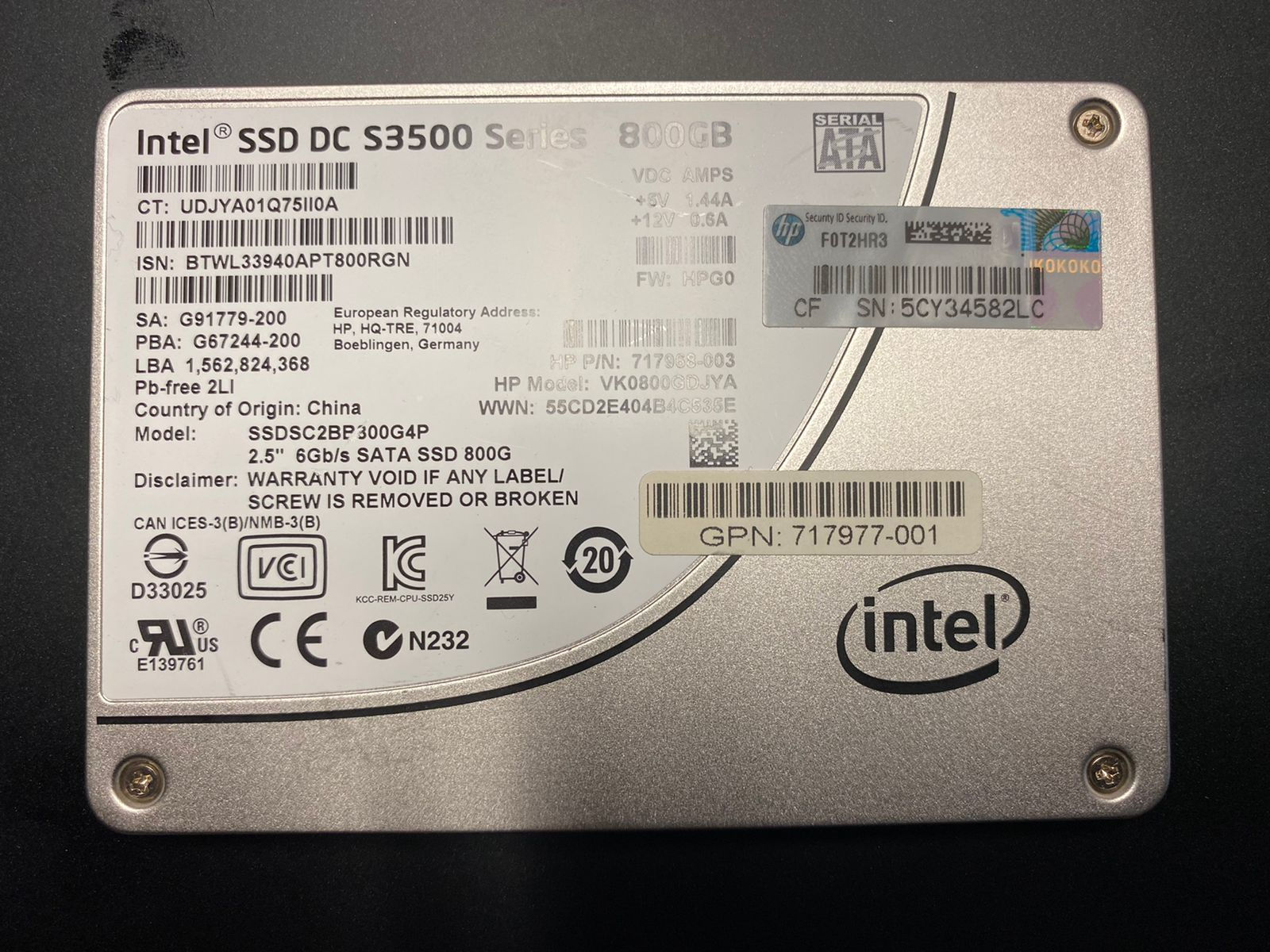 Intel 800GB DC S3500 6G/s 2.5" SATA SSD.