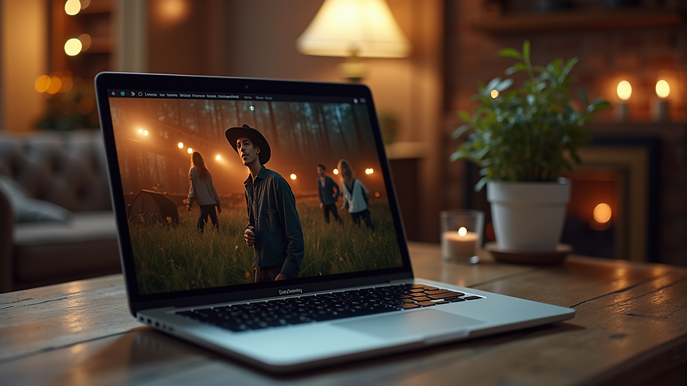 Wide angle view of a laptop screen showing a country music video on YouTube Music