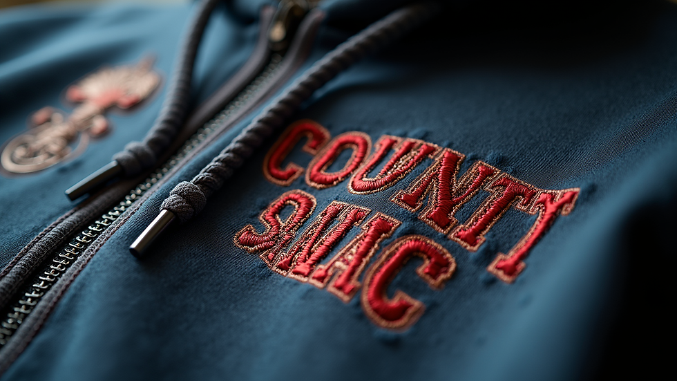 Close-up view of a hoodie fabric texture with country music-themed embroidery
