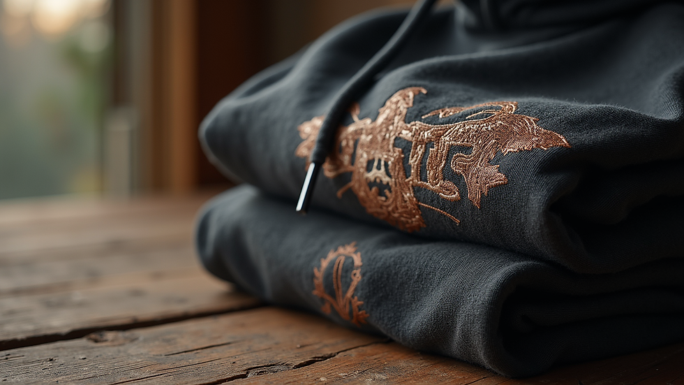 Close-up view of a folded unisex country music hoodie with embroidered design