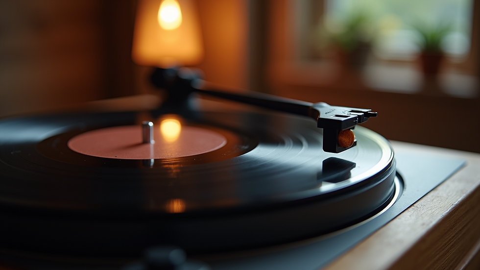 Close-up view of a vinyl record player spinning a country music album
