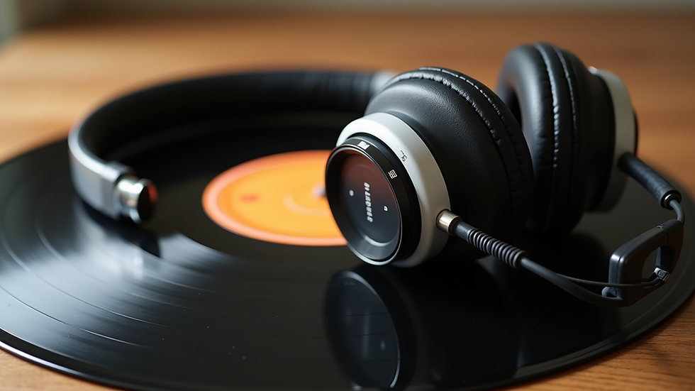 Close-up view of headphones resting on a vinyl record of country music