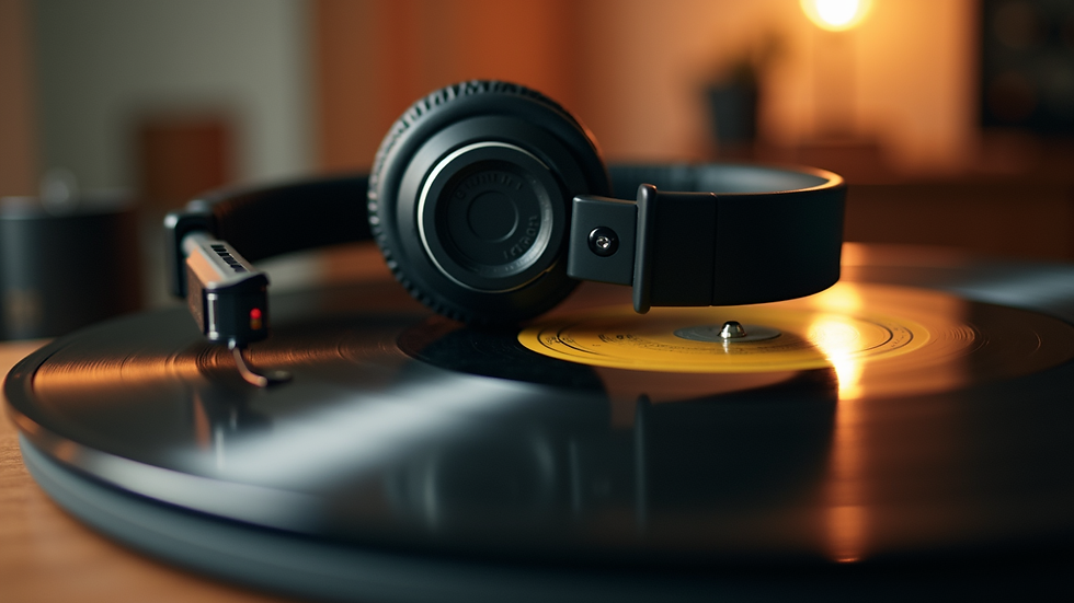 Close-up view of headphones resting on a vinyl record of country music