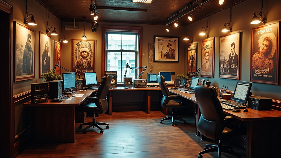 High angle view of a radio broadcasting studio with country music posters