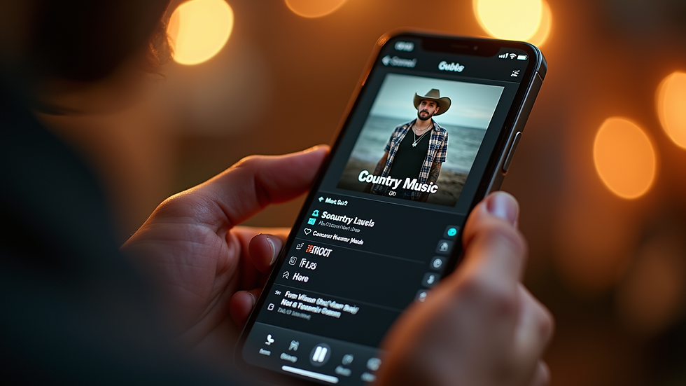 Eye-level view of a smartphone displaying a country music playlist