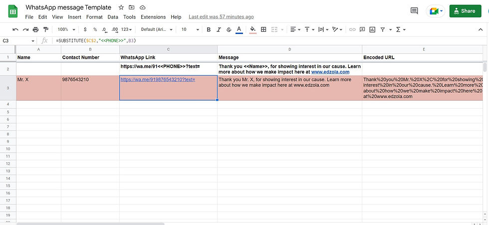 WhatsApp message sheet template - Fill the link column by dragging