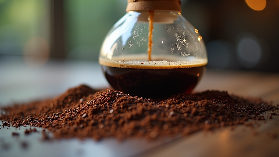 Eye-level view of a pour-over coffee setup with fresh coffee grounds