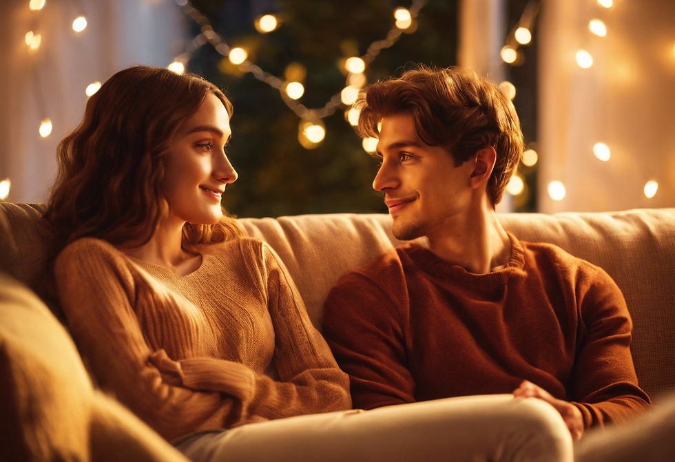 A cozy, intimate setting with a couple sitting on a couch. The man leans forward, actively listening, while the woman gestures as she speaks. Both appear engaged and thoughtful, reflecting open communication. A soft focus background includes warm lighting and neutral tones for a calm, inviting atmosphere.