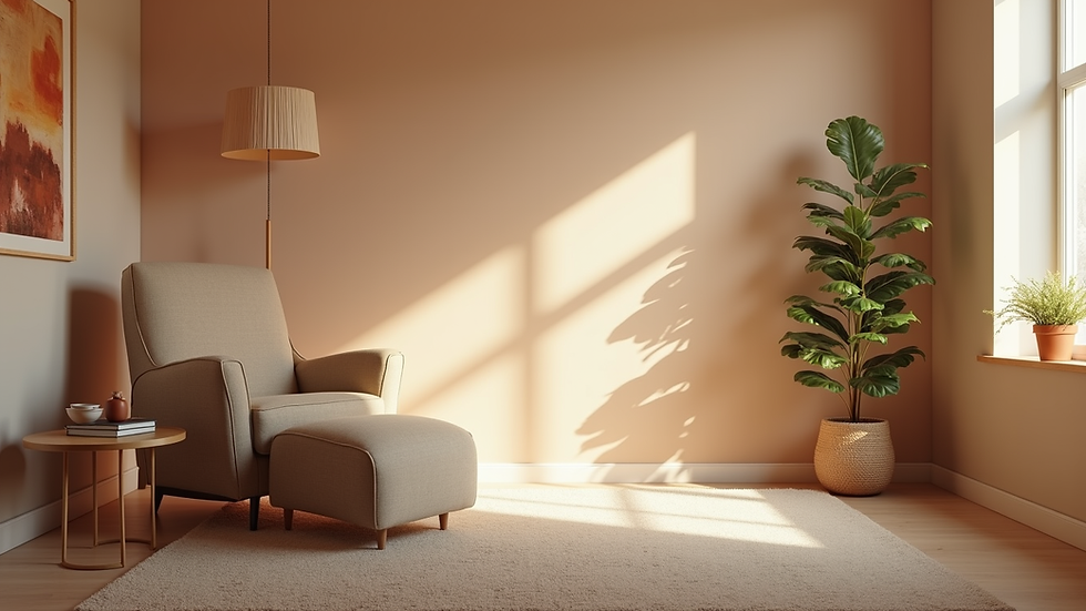 Eye-level view of a cozy therapy room with a comfortable chair and soft lighting