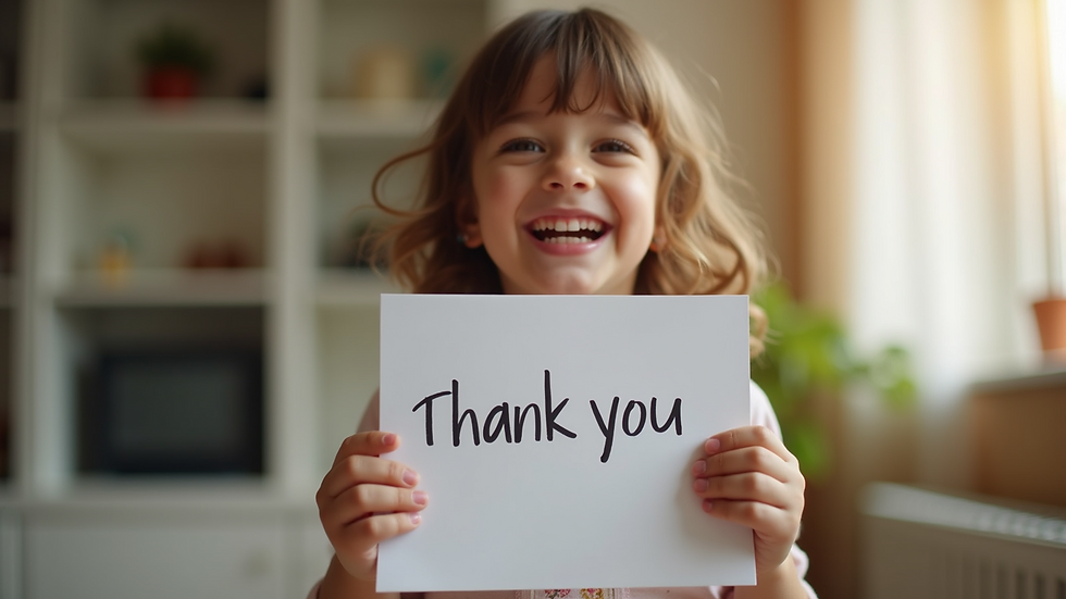 Eye-level view of a joyful child holding a thank you note