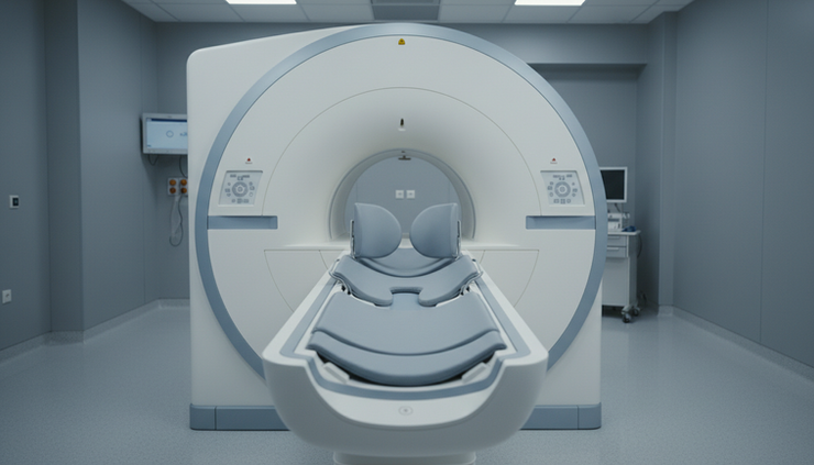 Close-up view of a breast MRI scanner opening with a padded imaging table.