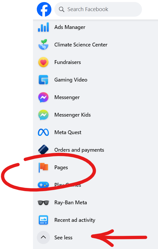 Facebook sidebar menu with icons for various features. A red arrow highlights "See less," while a red circle emphasizes "Pages."