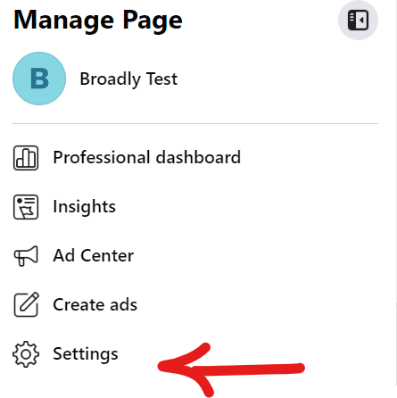 Manage Page interface with options: Professional dashboard, Insights, Ad Center, Create ads. A red arrow points to Settings.