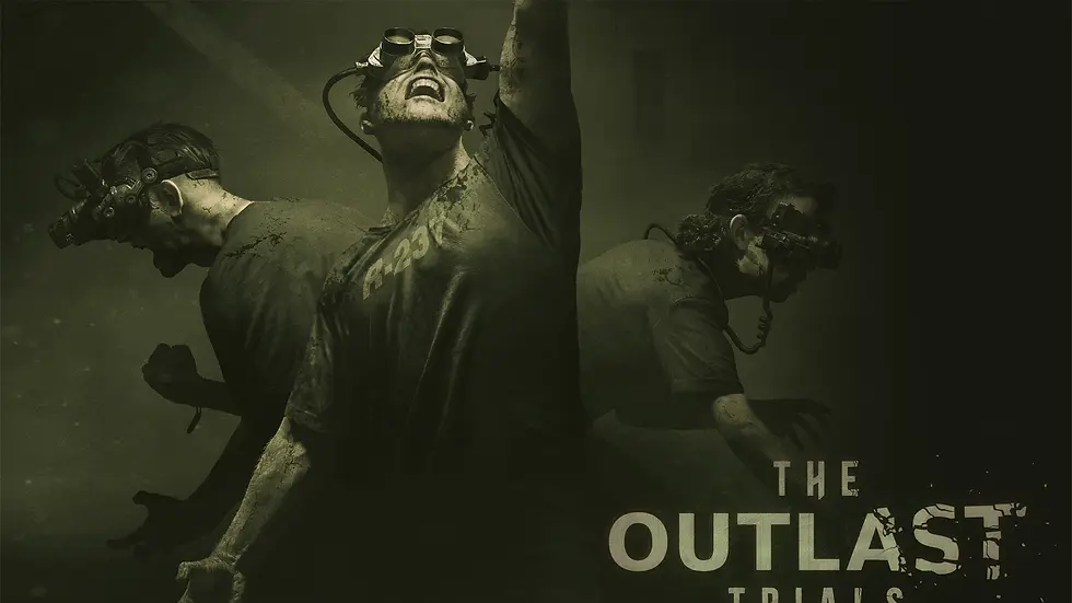 the outlast trials title image with 3 people wearing night vision goggles in the dark