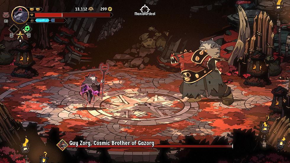 A screenshot of Brome fighting Guy Zorg, Cosmic Brother of Gazorg, an absolum boss