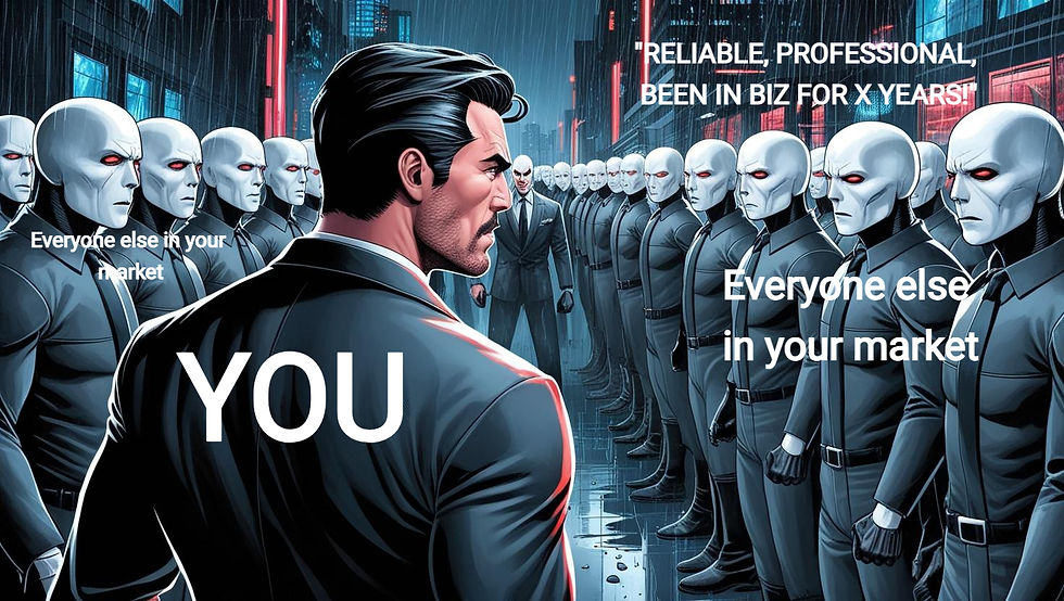 Man in suit faces identical figures in dark city. Text: "YOU," "Everyone else in your market." Mood is tense and competitive.