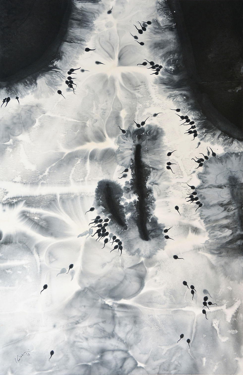 生之旅 (Life Journey), 2013 - Chinese ink on rice paper by Lee Kian Choong. Semi abstract composition using different shade of the monochromatic Chinese ink to paint the tadpoles in the stream with some growth.