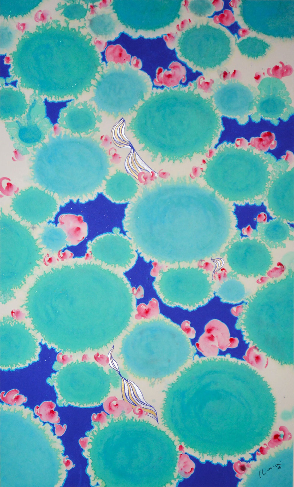 Lotus Dream, 2018 - Chinese ink & watercolour on rice paper by Lee Kian Choong. Semi abstract painting of the lotus with more usage of the color than the ink. Strong cyan, blue, light green, and red were used for this work.