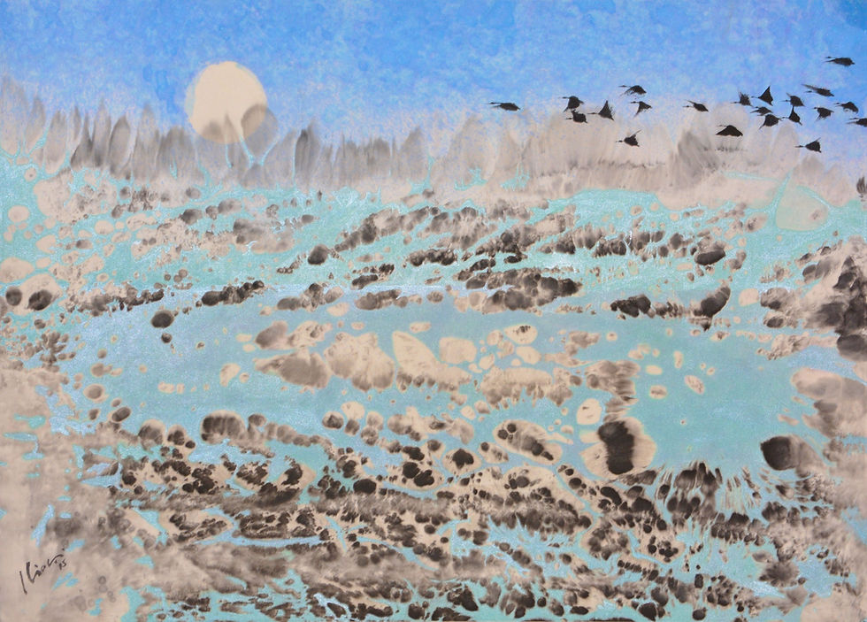 In the Distance, 2015 - Chinese ink & watercolour on rice paper by Lee Kian Choong. Mainly Chinese ink, light purple, light green, cyan and purple were used for this semi abstract artwork.