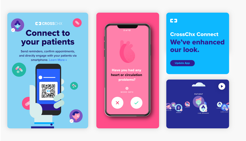 Various images showcasing pink and blue illustrations of abstract people and the application Connect by CrossChx.