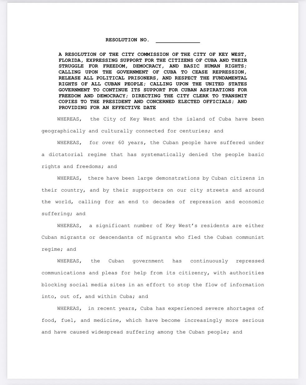 Cuba Resolution Passed at the Key West City Commission Meeting