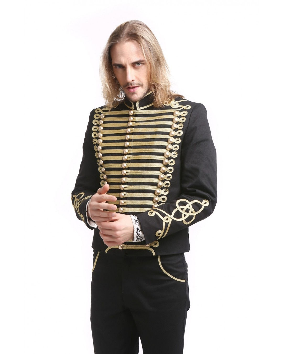 Gothic Steampunk Men's Upscale Gold Trim Military Coat