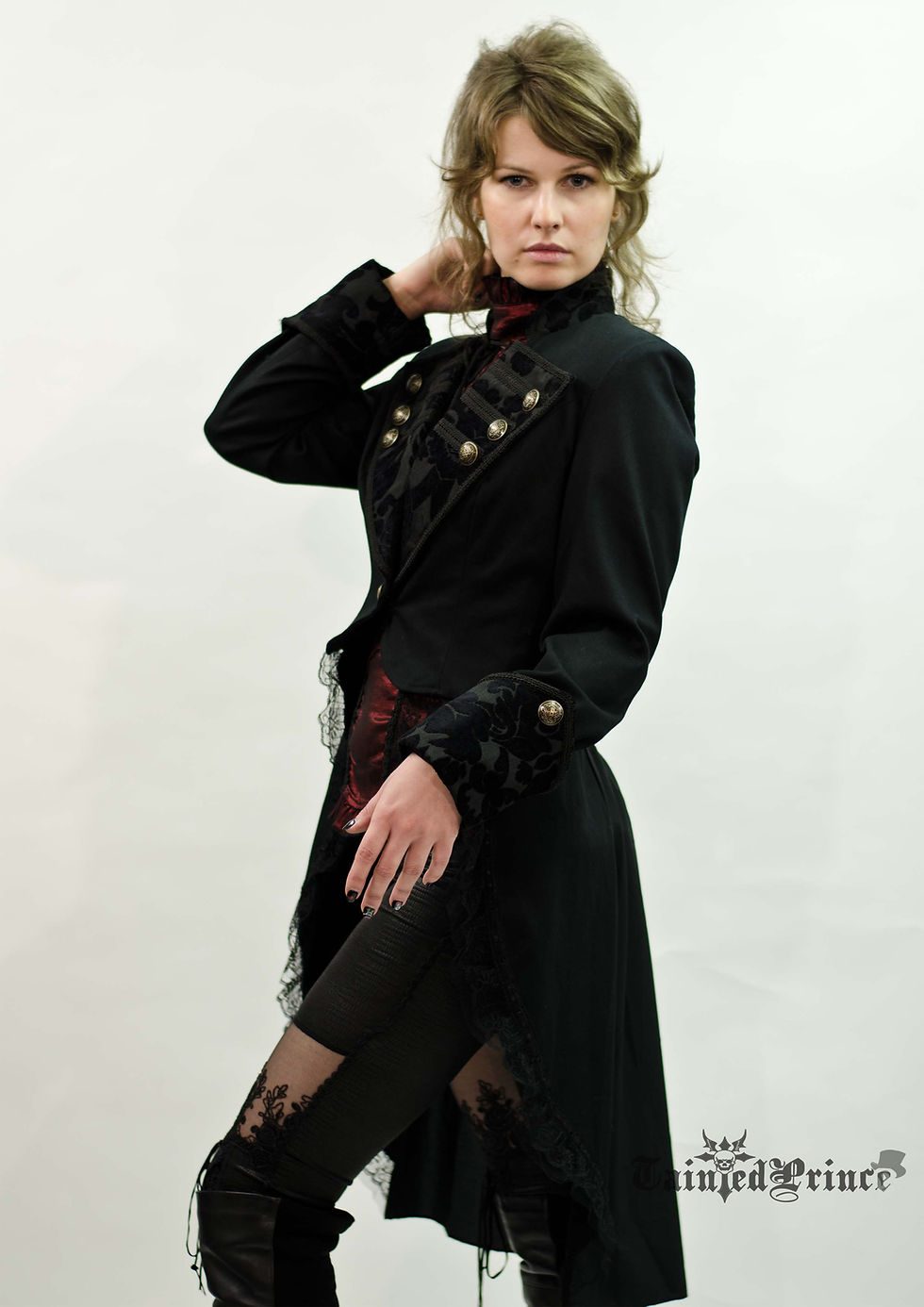 Thumbnail: Gothic Steampunk Black cotton skirt Cut Away Understated Military Jacket