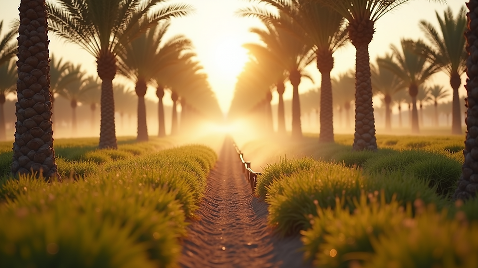 Eye-level view of date palm orchard with drip irrigation system
