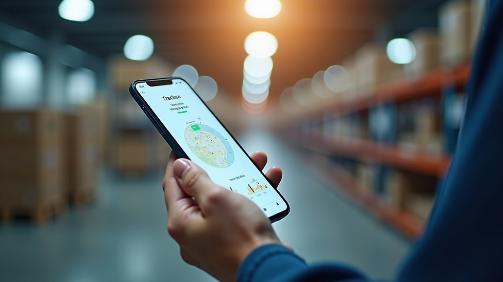 High angle view of a smartphone displaying a supply chain tracking app