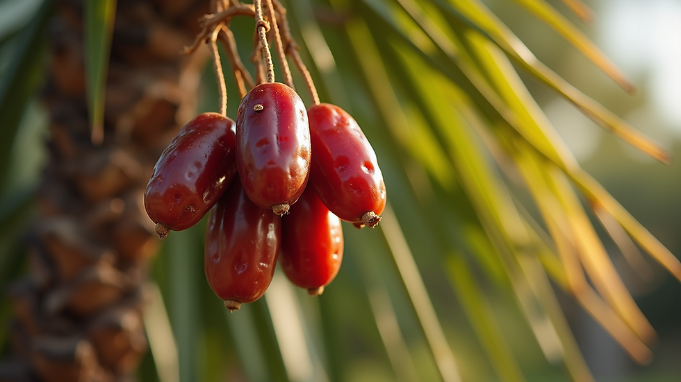 Close-up view of ripe premium dates hanging on a palm tree