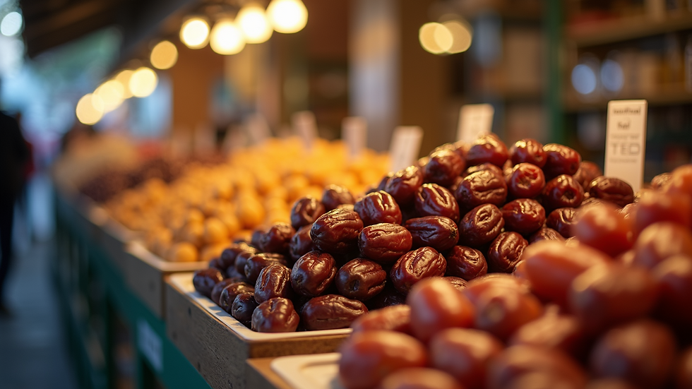 Eye-level view of a date market stall with neatly arranged premium dates