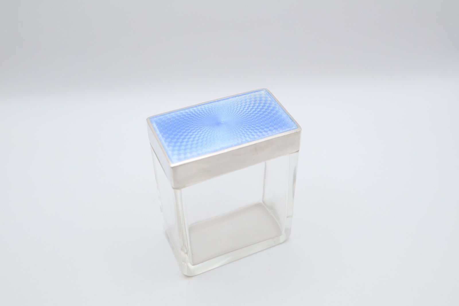 Lovely Antique Silver Blue Guilloche Enamel Topped Glass Jar Birmingham 1930