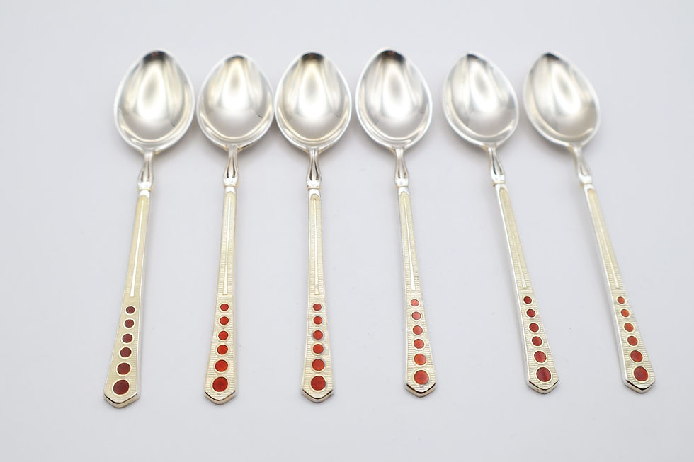 Thumbnail: Lovely Vintage Boxed Sterling Silver Guilloche Enamel Spoons Birmingham 1957