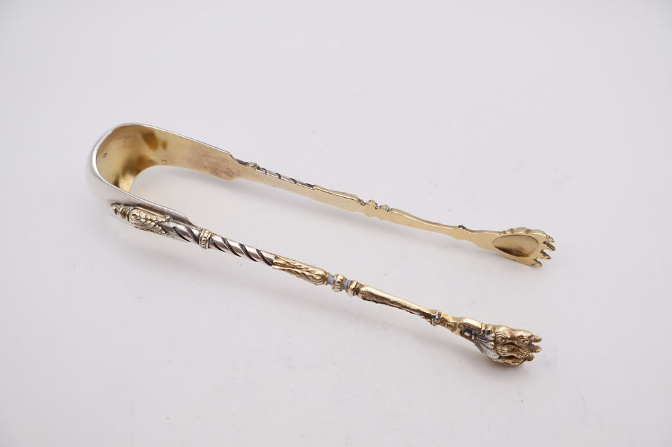 Thumbnail: Antique Boxed Continental Silver Gilt Teaspoons & Sugar Tongs Circa 1900