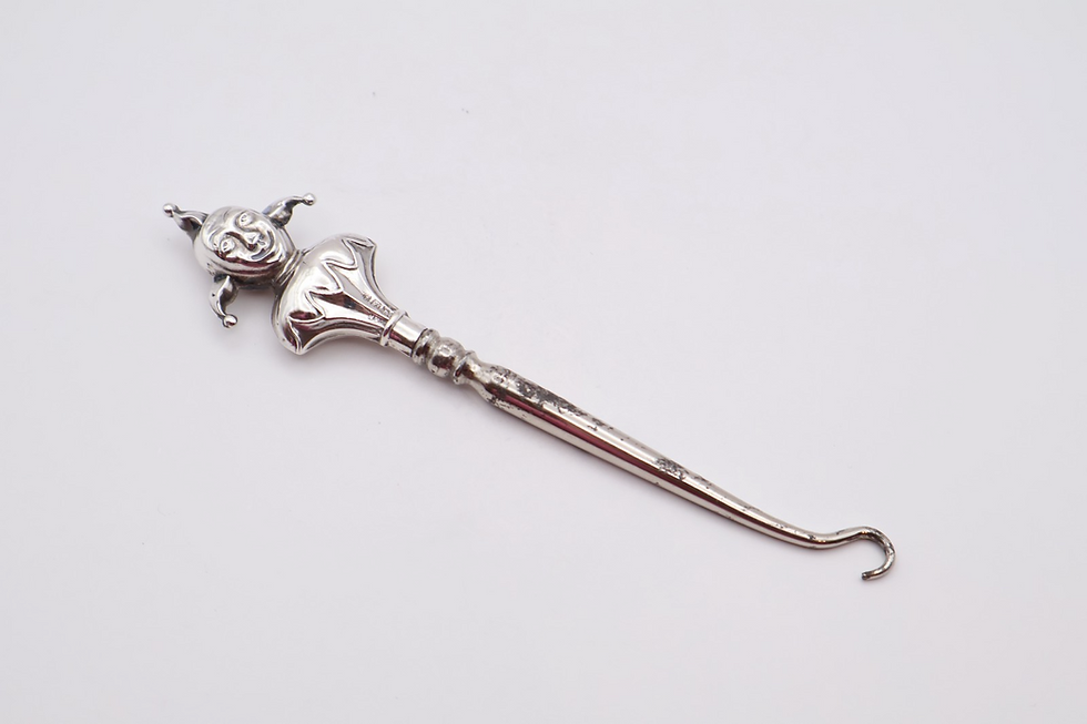 Thumbnail: Antique Novelty Silver Handled Jester Button Hook Hallmarked Birmingham 1910