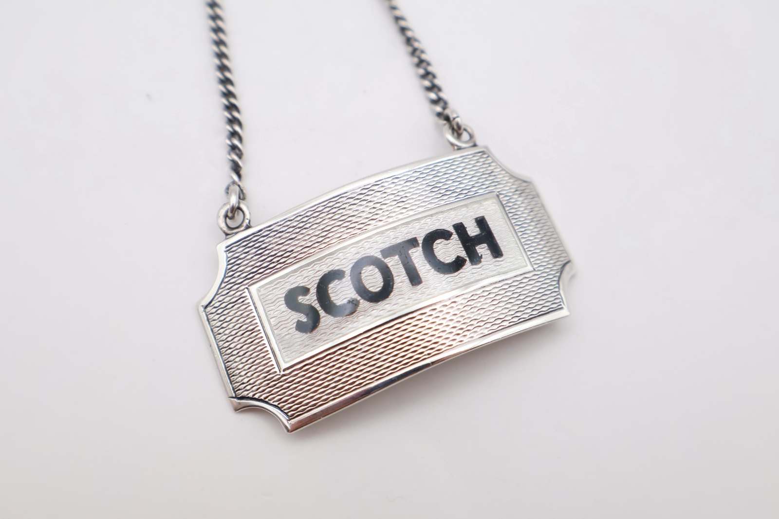 Vintage Silver Guilloche Enamel Scotch Decanter Label Hallmarked Birmingham 1958