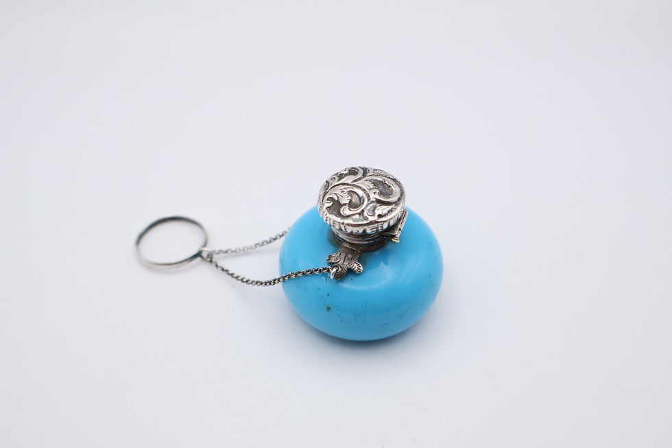 Thumbnail: Charming Antique Victorian Silver Topped Turquoise Vinaigrette Bottle