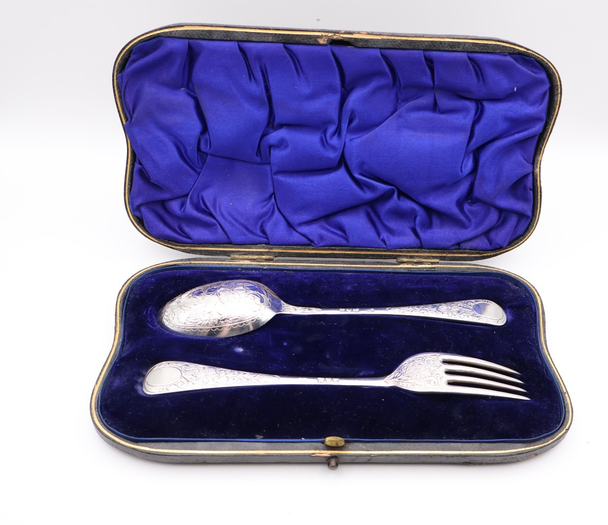 Antique Boxed Silver Fork & Spoon Christening Set Hallmarked London 1898 / 1899