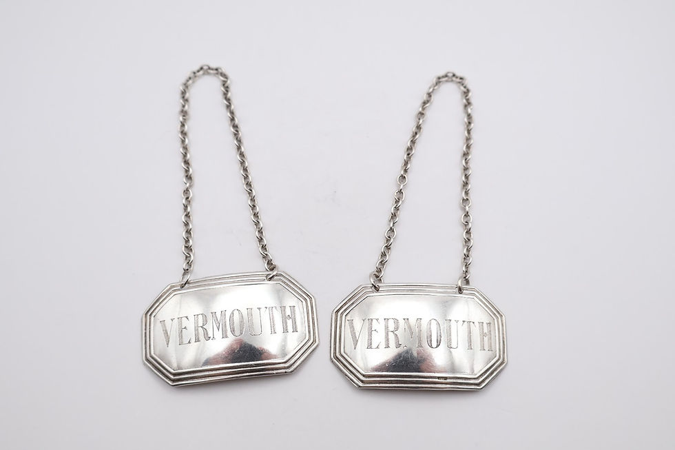 Thumbnail: Pair Vintage Sterling Silver Vermouth Decanter Labels Hallmarked Birmingham 1939